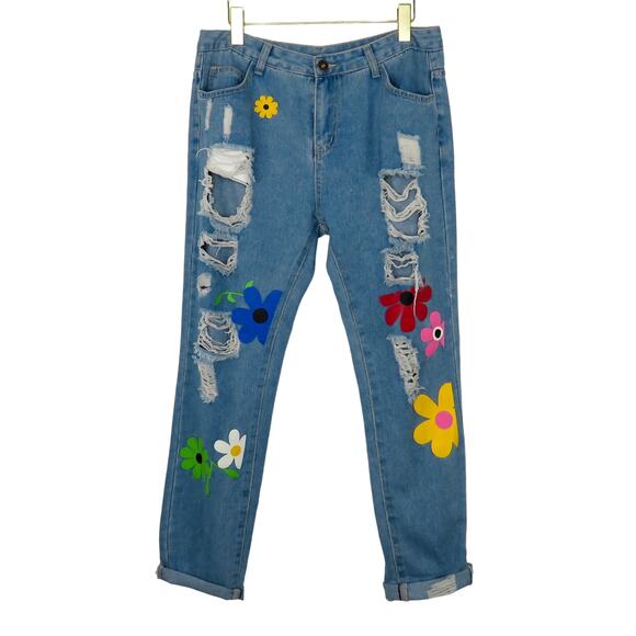 Misook Painted Flower Graphic High Rise Straight Leg Ripped Jeans Large 32" - Picture 4 of 4